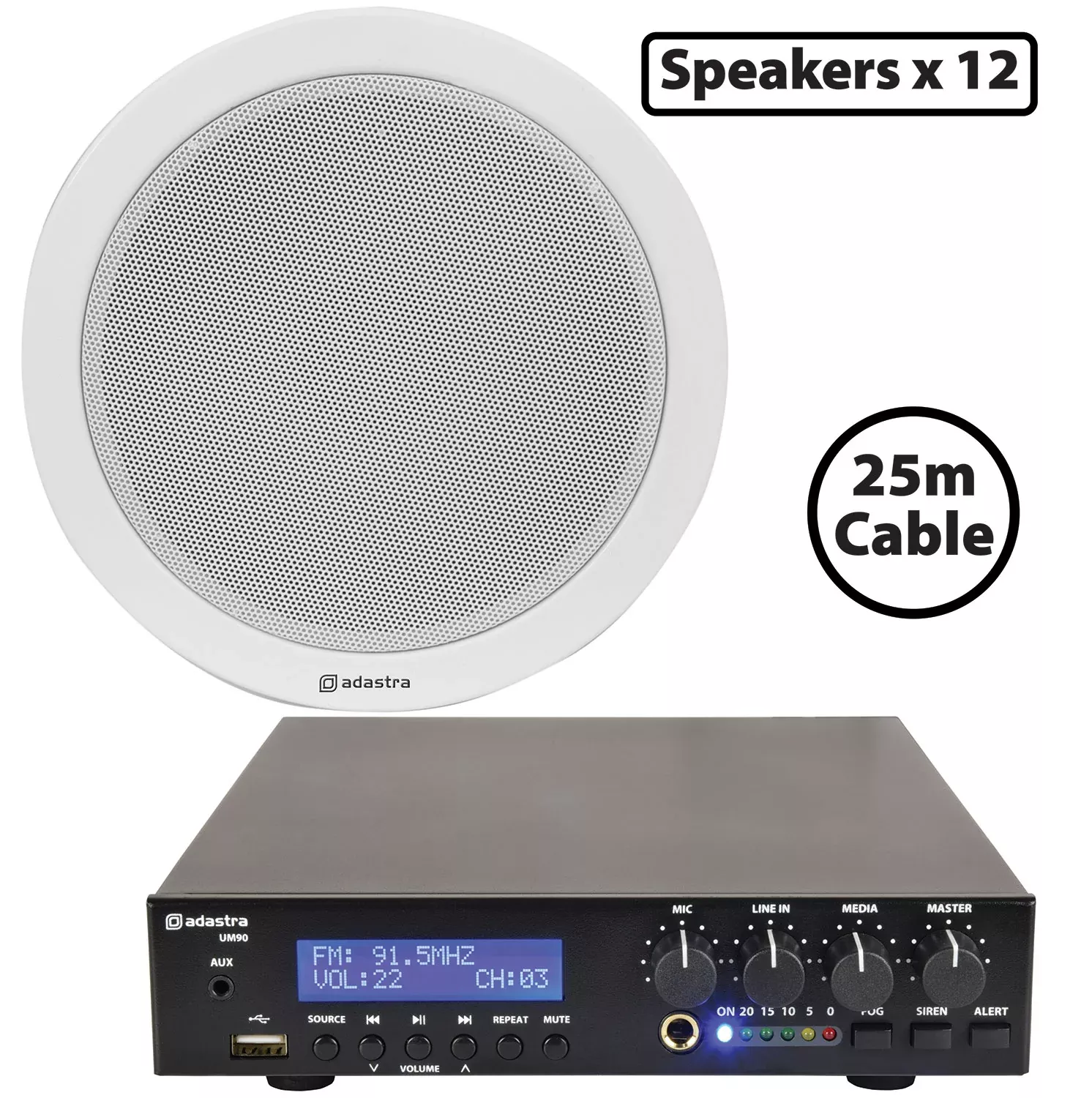 Adastra Compact 100V Ceiling Speaker Packages with Bluetooth & USB – 12*EC56V+UM90