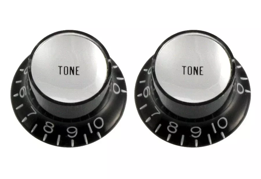 ALLPARTS PK-0182-023 Tone Reflector Knobs – Black with Silver (Pack of 2)