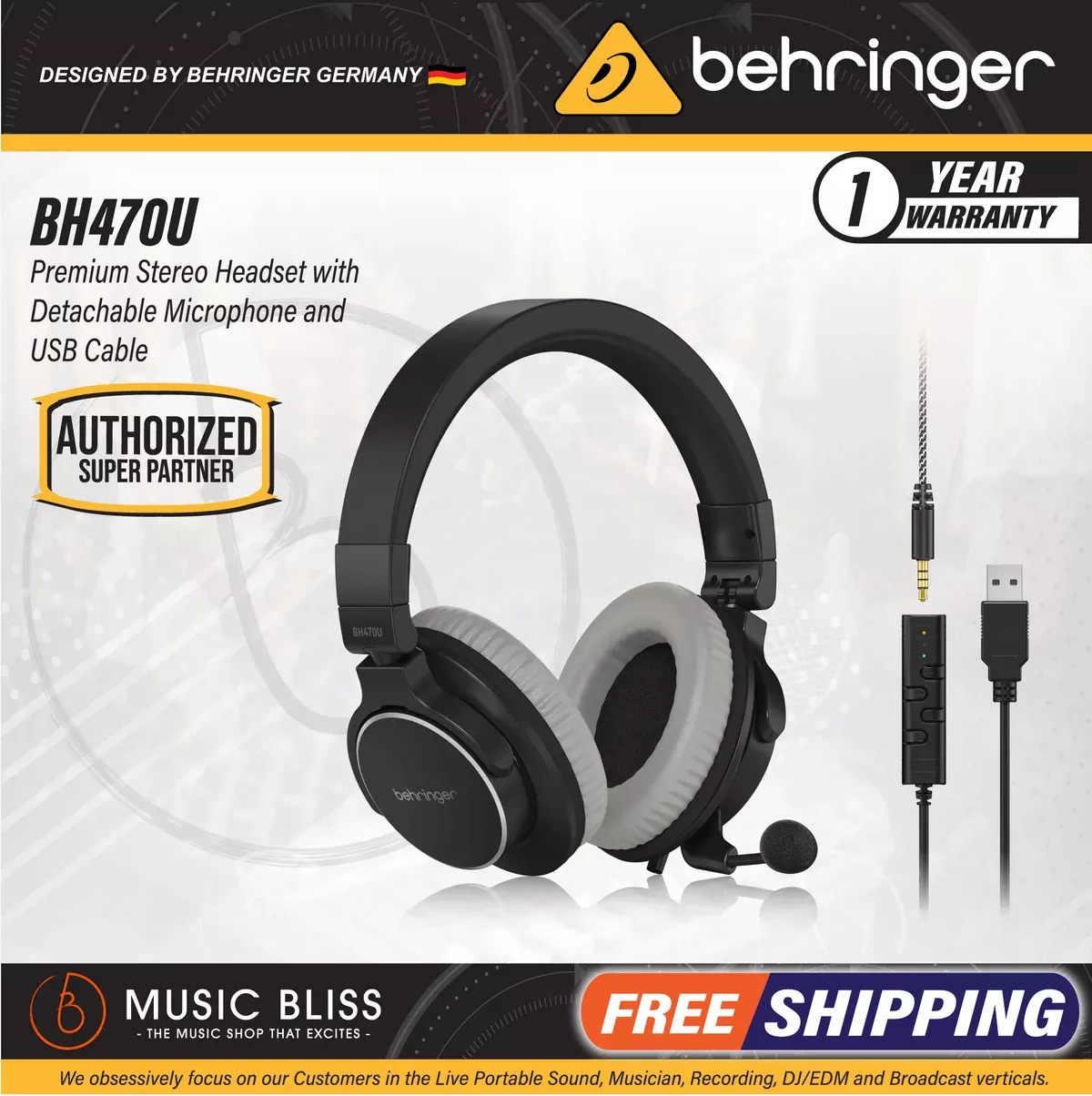 Behringer BH470U Premium Stereo Headset with Detachable Microphone and USB Cable