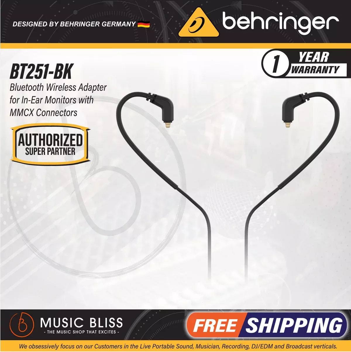 Behringer BT251-BK Bluetooth* Wireless Adapter for In-Ear Monitors with MMCX Connectors