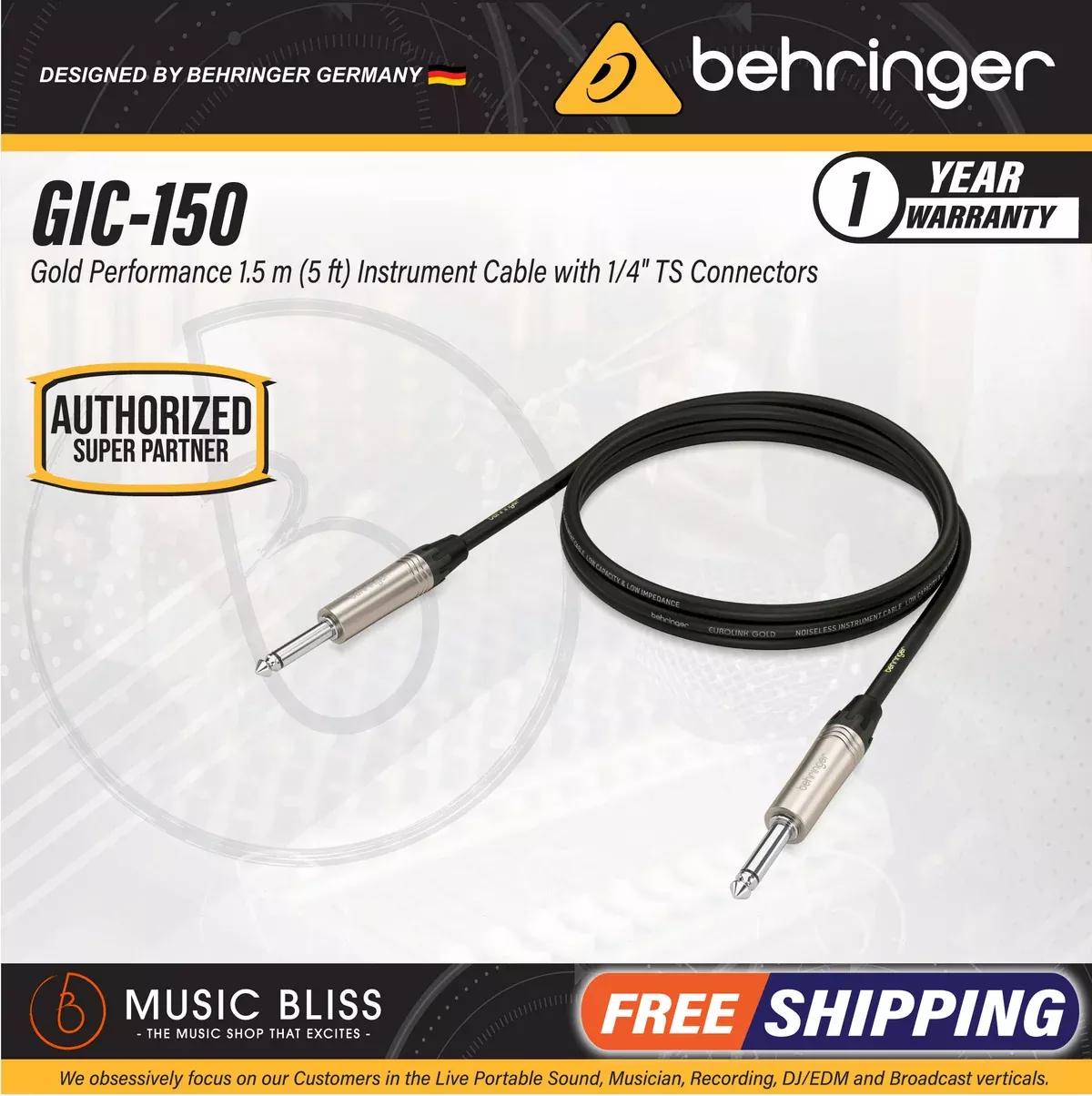 Behringer GIC-150 Gold Performance 1.5m (5ft) Instrument Cable with 1/4″ TS Connectors