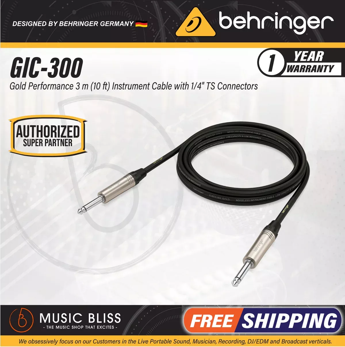 Behringer GIC-300 Gold Performance 3m (10ft) Instrument Cable with 1/4″ TS Connectors