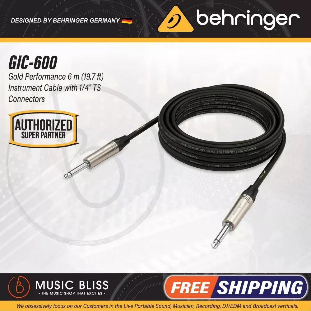 Behringer GIC-600 Gold Performance 6m (19.7ft) Instrument Cable with 1/4″ TS Connectors