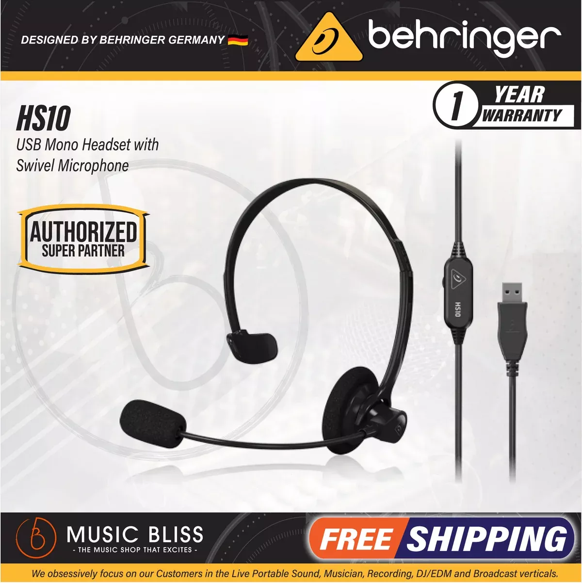 Behringer HS10 USB Mono Headset with Swivel Microphone