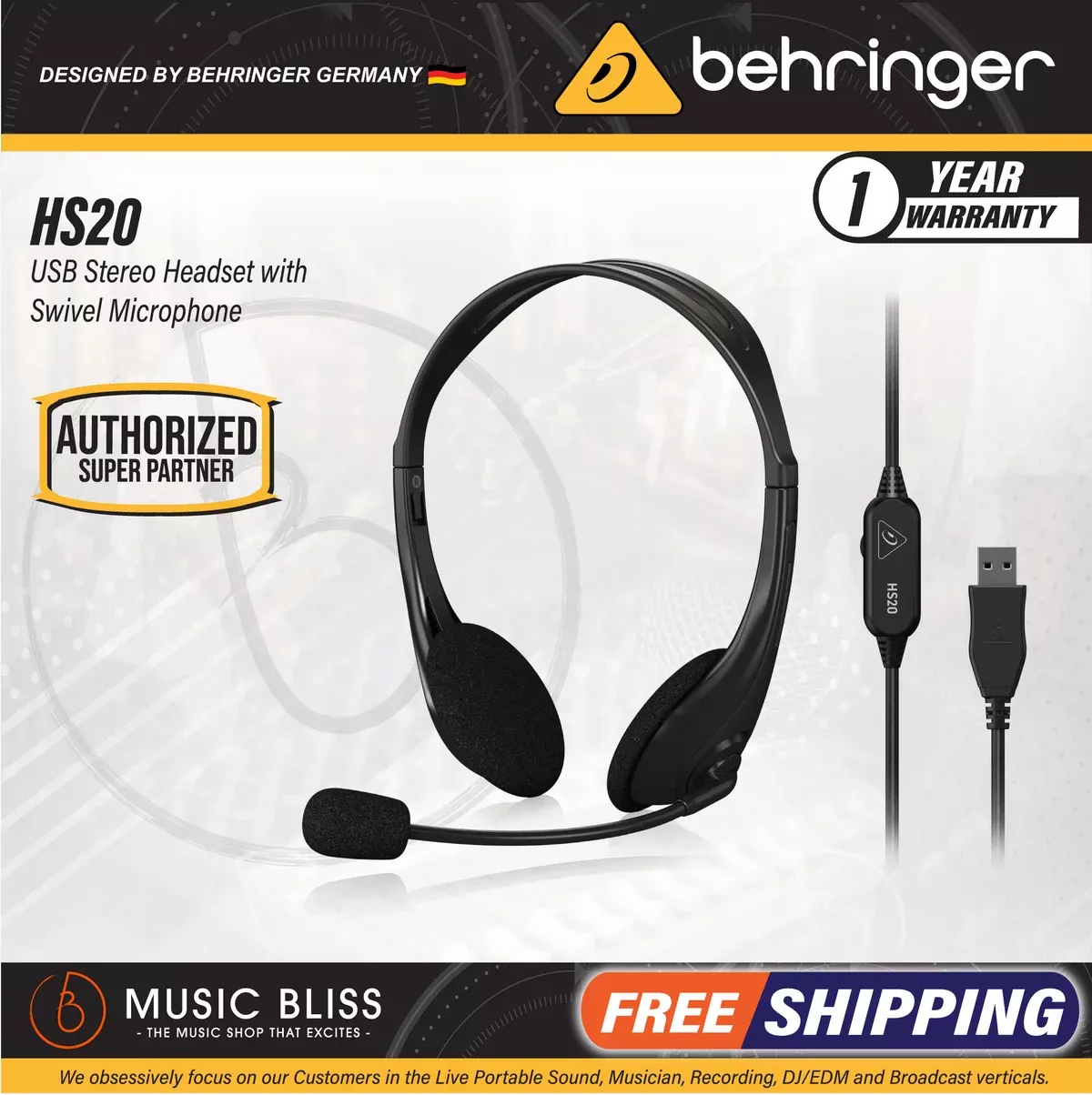 Behringer HS20 USB Stereo Headset with Swivel Microphone
