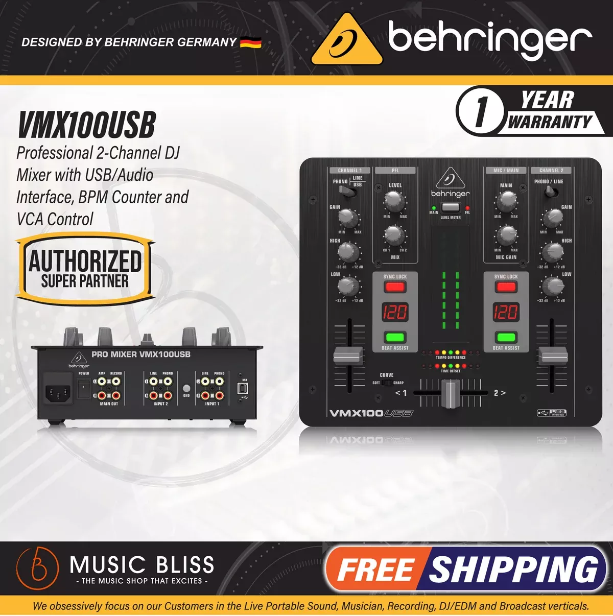 Behringer Pro Mixer VMX100USB 2-channel DJ Mixer