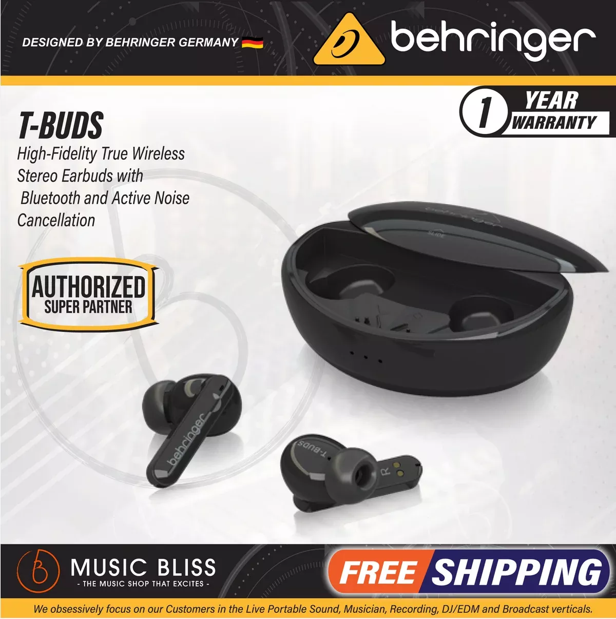 Behringer T-BUDS High-Fidelity True Wireless Stereo Earbuds with Bluetooth and Active Noise Cancellation
