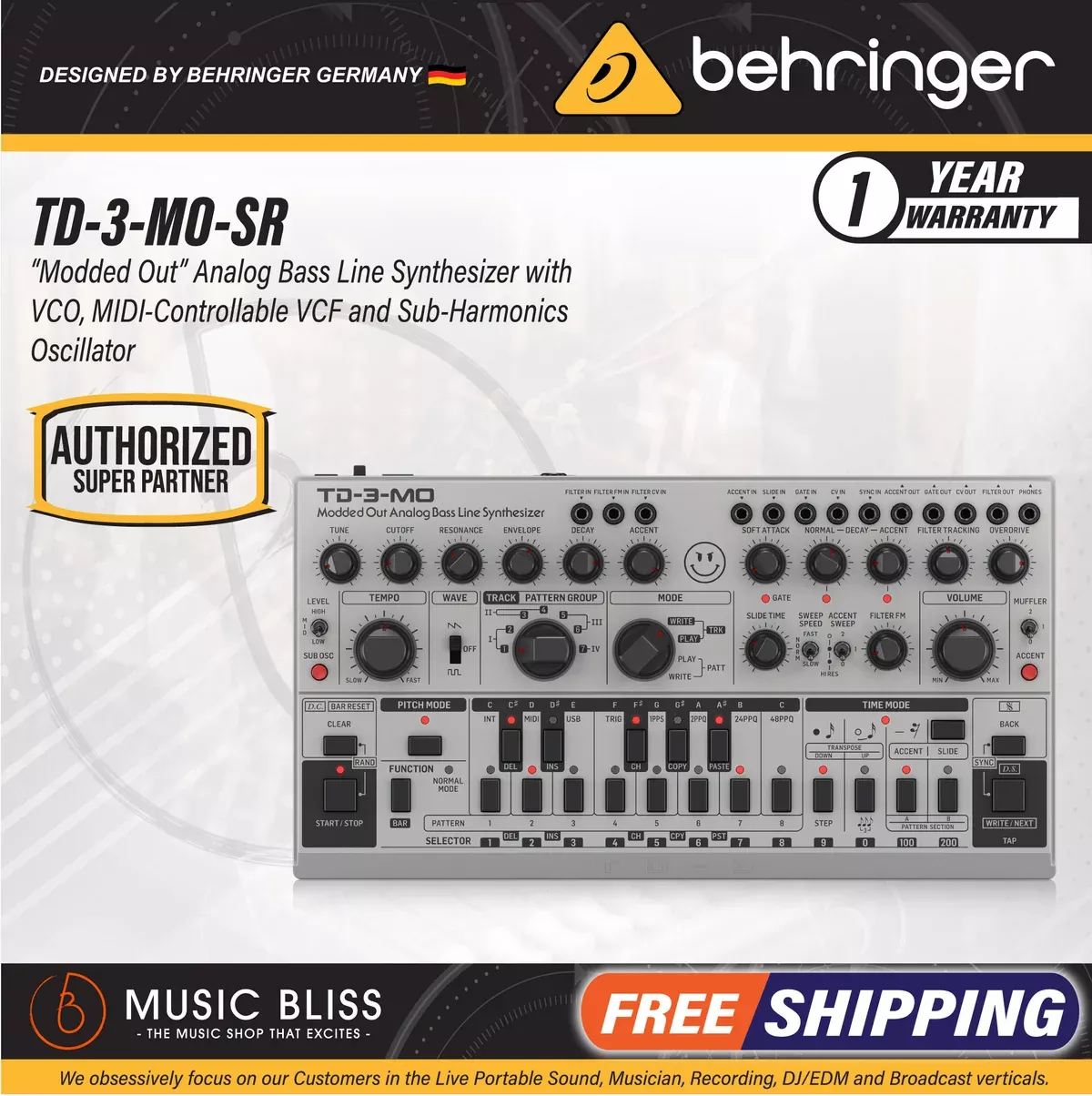 Behringer TD-3-MO-SR Analog Bass Line Synthesizer – Silver