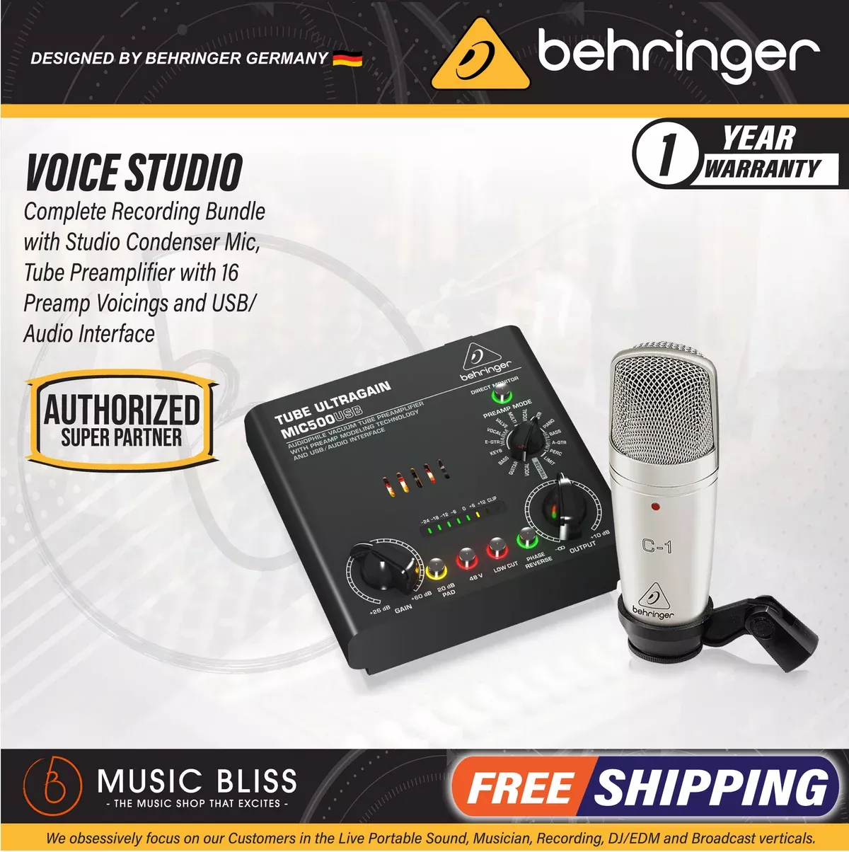 Behringer Voice Studio Recording Bundle – Recording Bundle with Condenser Microphone and Tube Mic Preamp with USB Audio Interface