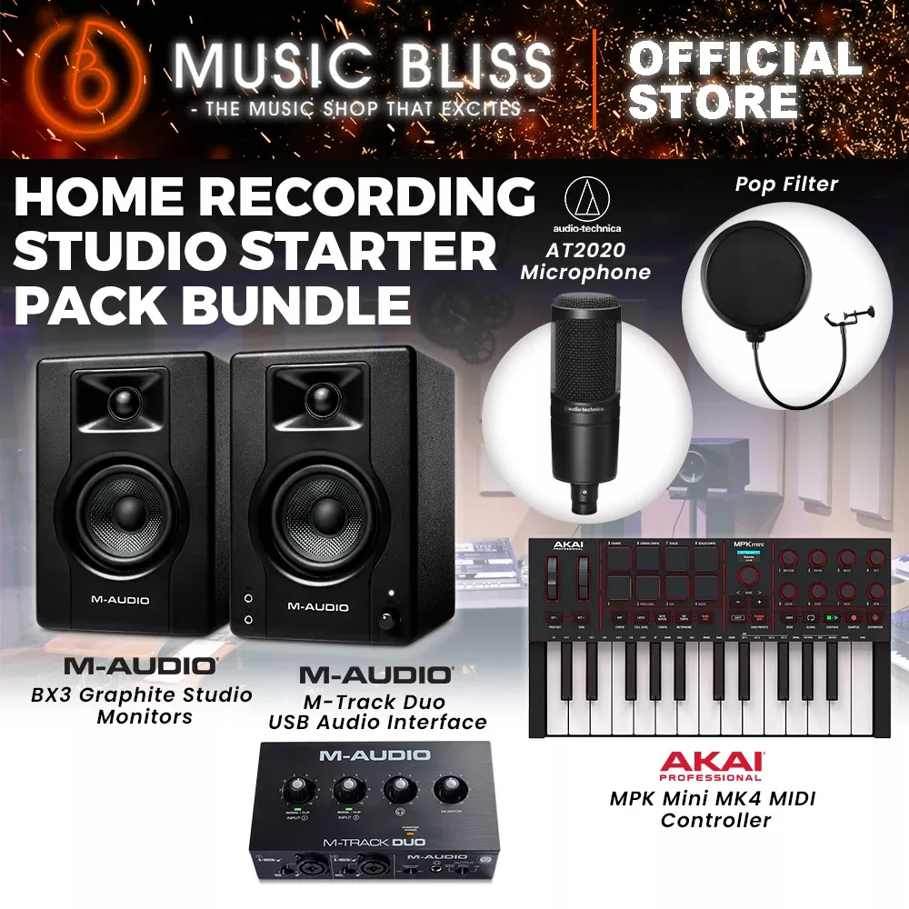 BEST HOME RECORDING STUDIO STARTER PACK BUNDLE PACKAGE, AKAI MPK Mini MK4, M-Audio BX3 Graphite Studio Monitor, Audio Technica AT2020 Condenser Microphone, M-Audio M-Track DUO Audio Interface and Pop Filter