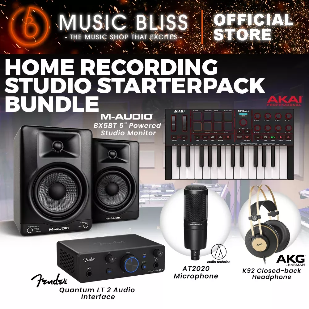 BEST HOME RECORDING STUDIO STARTERPACK BUNDLE PACKAGE : Fender Quantum LT2 Audio Interface, AKG K92 Studio Monitoring Headphones, AKAI MPK Mini MK4 Midi Controller, M-Audio BX5BT Powered Studio Monitor, Audio Technica AT2020 Condenser Microphone