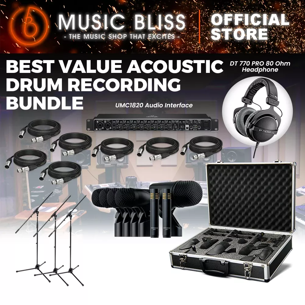 BEST VALUE ACOUSTIC DRUM RECORDING BUNDLE PACKAGE: PreSonus DM-7 Drum Microphone Set, Behringer UMC1820 Audio Interface, Beyerdynamic DT770 Pro Studio Monitoring headphones, K&M Boom Arm Stand, Behringer GMC-1000 Microphone Cables