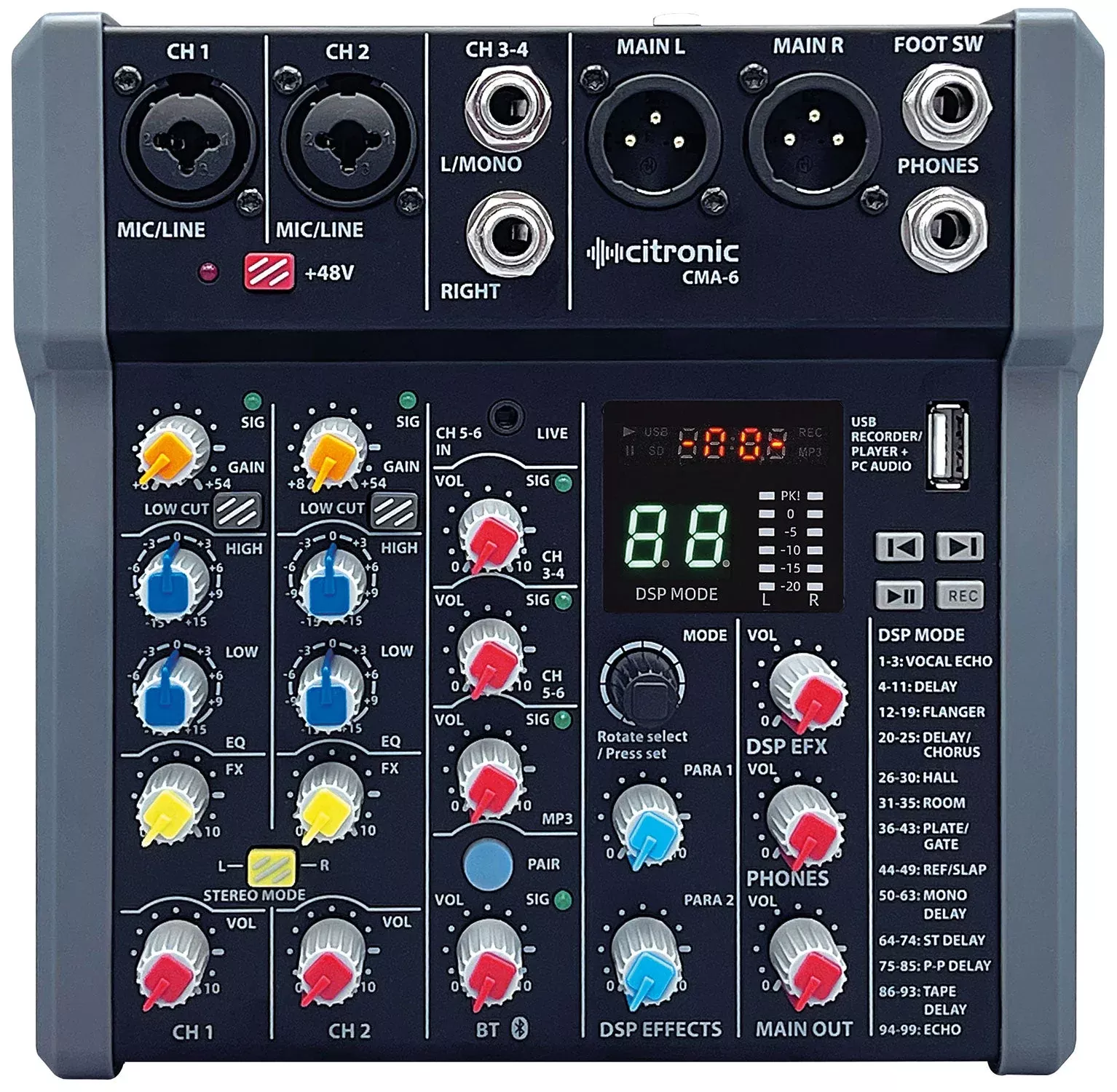 Citronic CMA-6 Compact Audio Mixer – 6 Input Mixer with DSP FX, USB Recording & Bluetooth (170.862UK)