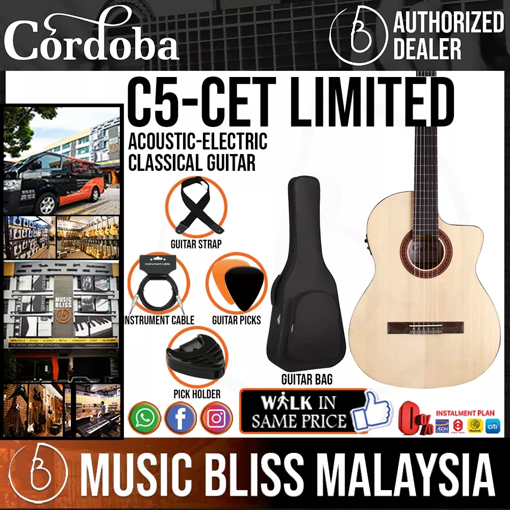 Cordoba C5-CET Limited – Solid Spruce Top, Maple Back & Sides with Pickup with Classical Guitar Bag, Mid Range Thinline Electric-Classical Guitar