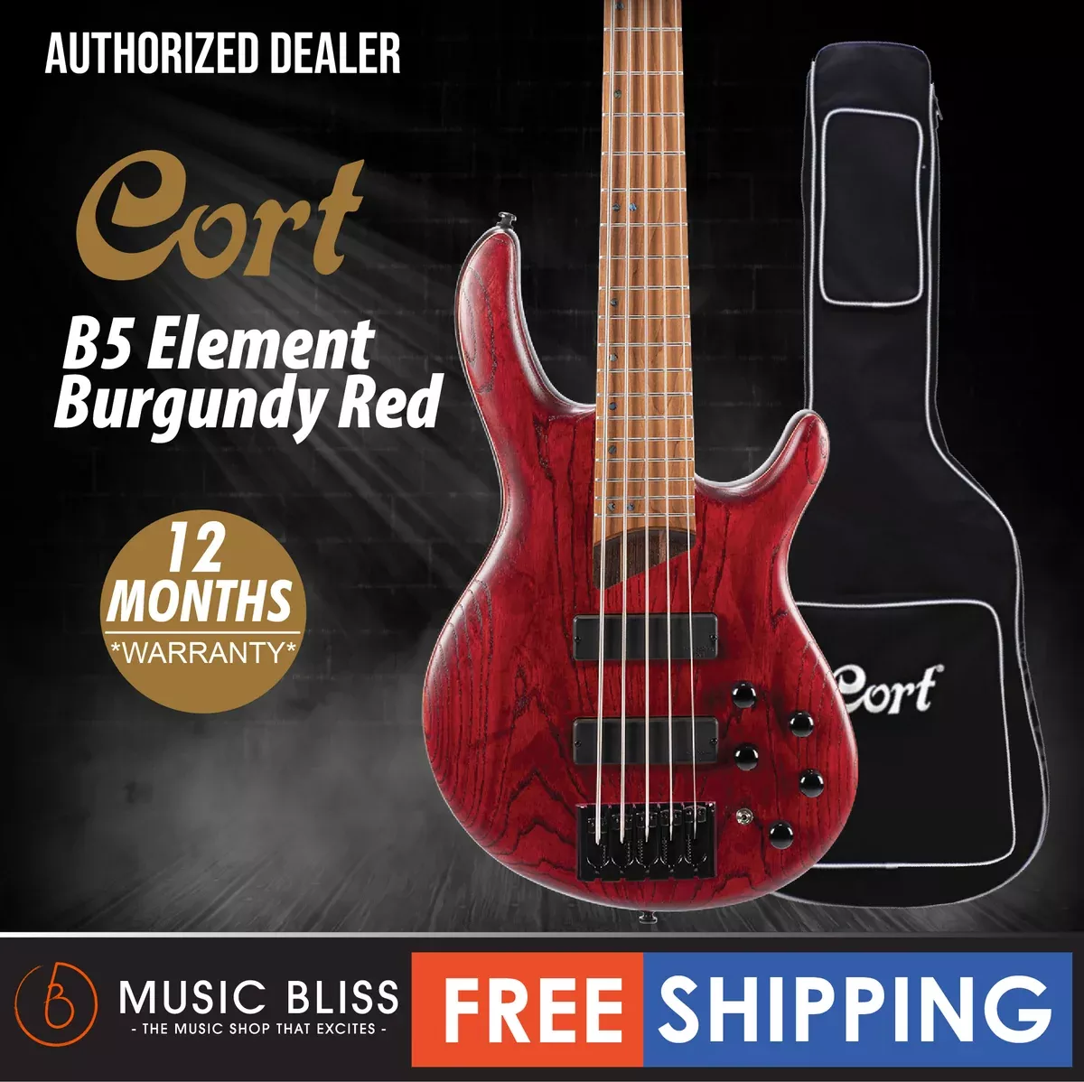 Cort B-5 Element 5-String Bass Guitar with Bag – Open Pore Burgundy Red