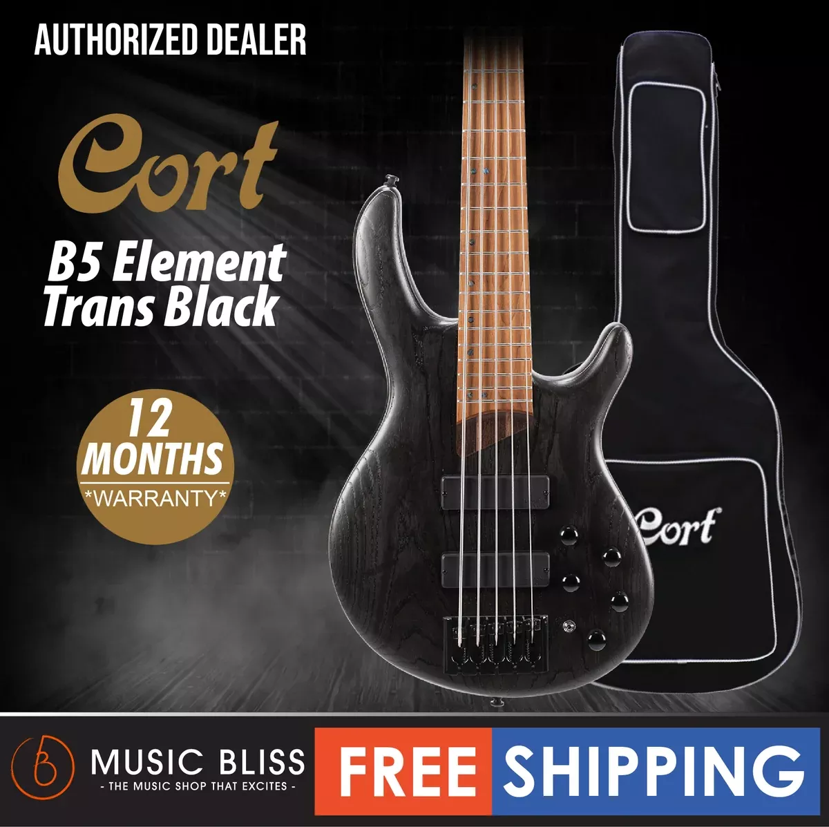 Cort B-5 Element 5-String Bass Guitar with Bag – Open Pore Trans Black