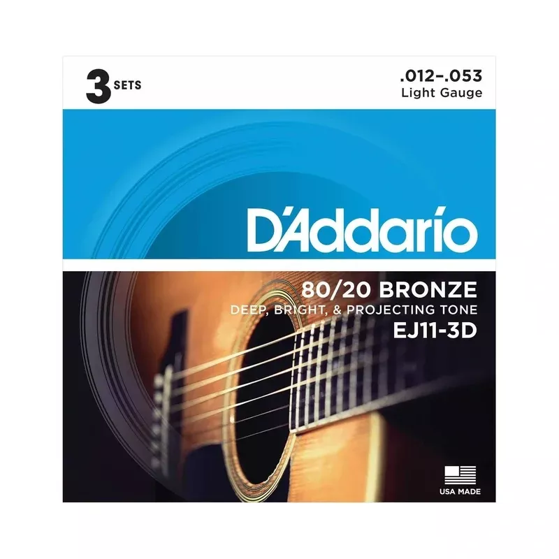 D’Addario EJ11 80/20 Bronze Light Gauge Acoustic Guitar Strings, Three Pack