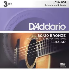 D'Addario EJ13-3D 80/20 Bronze Acoustic Guitar Strings 3 Complete Sets