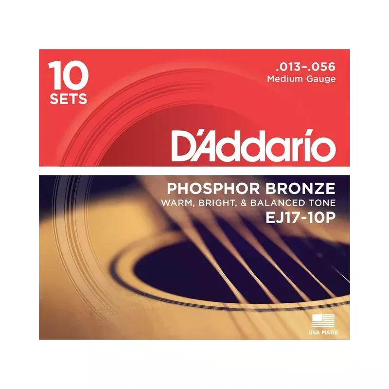 D’Addario EJ17-10P Phosphor Bronze Medium Gauge Acoustic Guitar Strings, Ten Pack