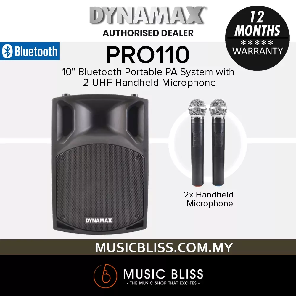Dynamax PRO110 10″ Bluetooth Portable PA System with 2 UHF Handheld Microphone