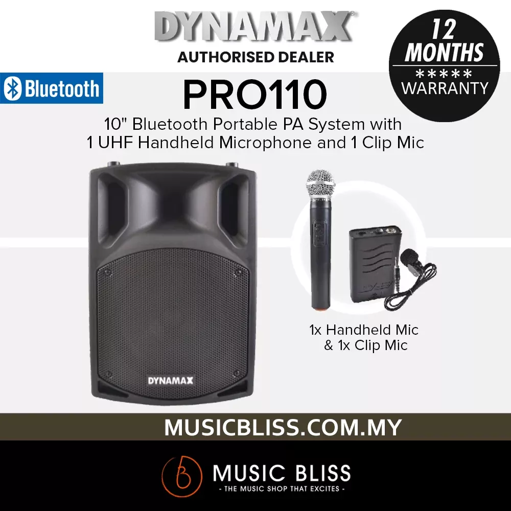 Dynamax PRO110 10" Bluetooth Portable PA Systemwith 1 UHF Handheld Microphone and 1 Clip Mic