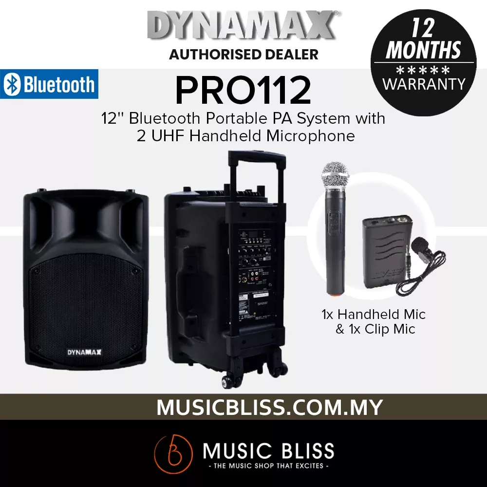 Dynamax PRO112 12” Bluetooth Portable PA Systemwith 1 UHF Handheld Microphone and 1 Clip Mic