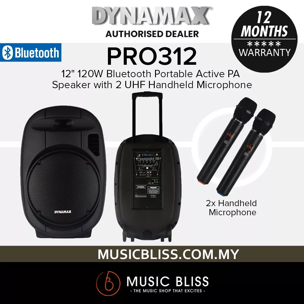 Dynamax PRO312 12" 120W Bluetooth Portable Active PA Speaker System with 2 UHF Handheld Microphone