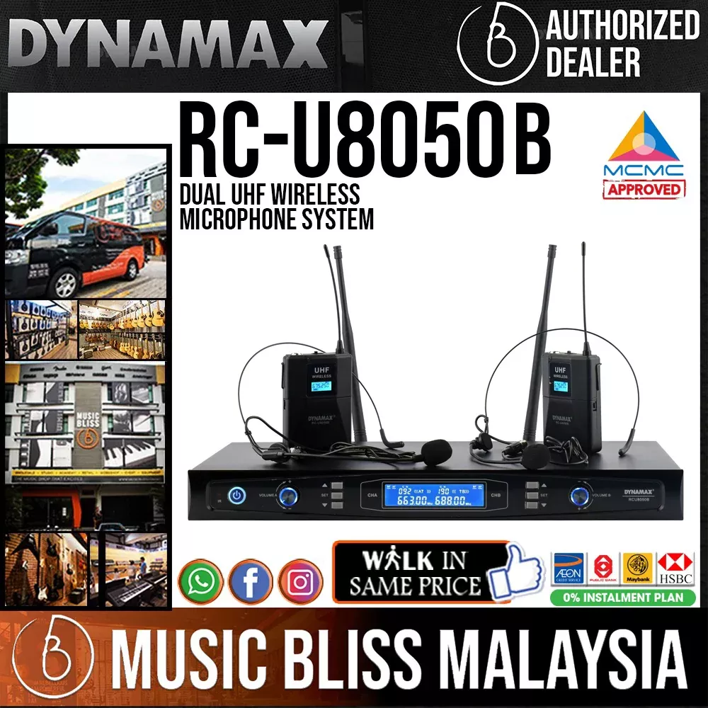 DYNAMAX RC-U8050B Dual UHF Wireless Headset Microphone for Performance/Speech