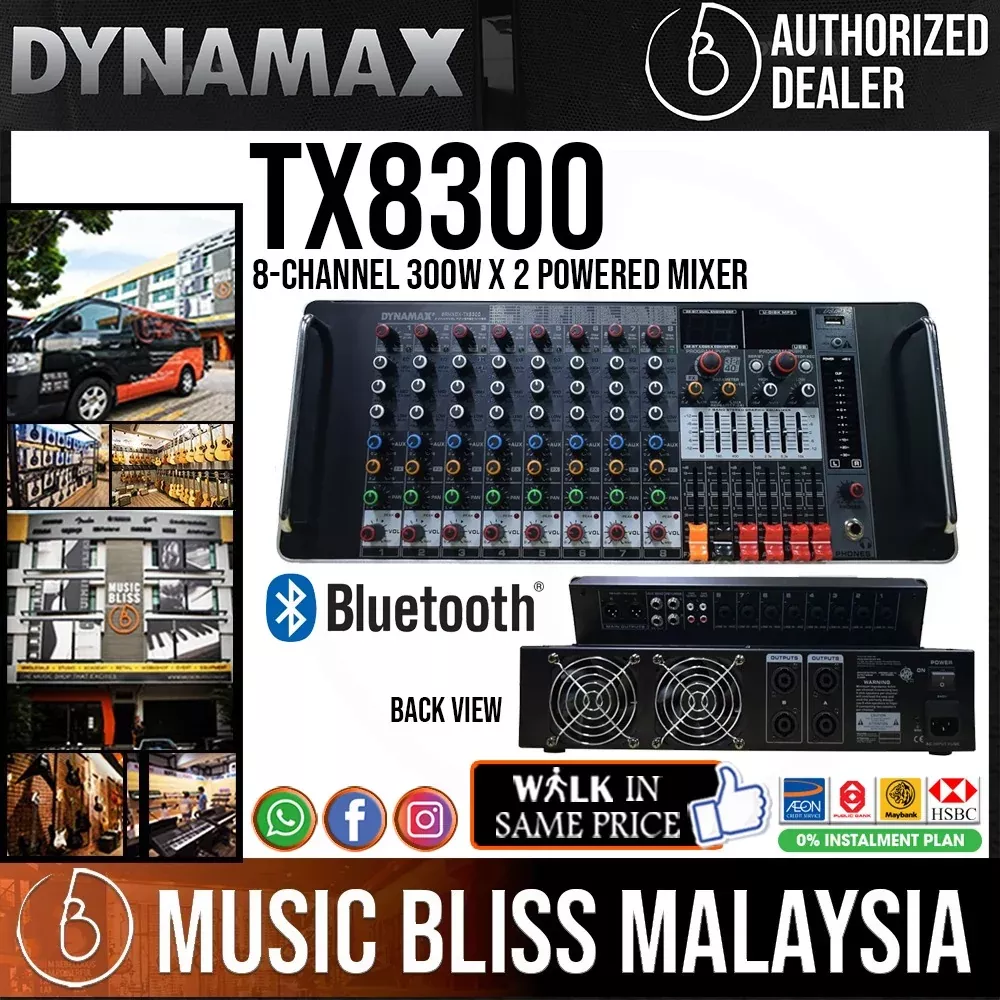 Dynamax TX8300 8-Channel 300W x 2 Powered Mixer With USB / Bluetooth / 32-Bit DSP / 48V Phantom Power