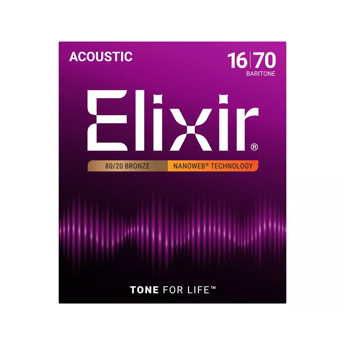 Elixir 11306 Nanoweb 80/20 6-String Baritone Acoustic Guitar Strings 16-70