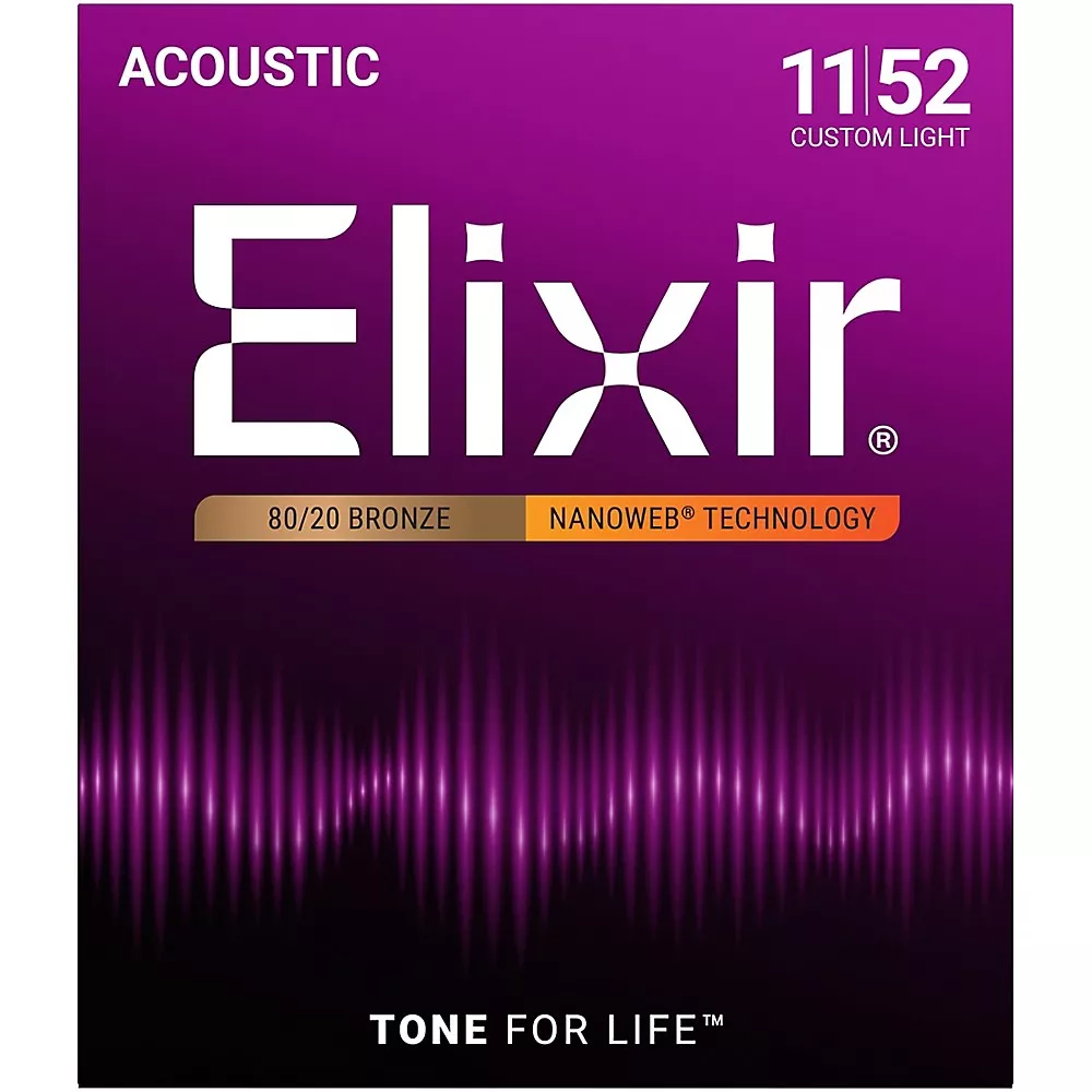Elixir 80/20 Bronze Acoustic Guitar Strings With NANOWEB Coating, Custom Light (.011-.052)