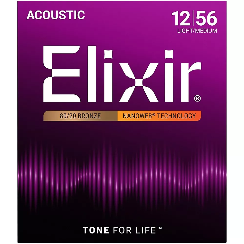 Elixir 80/20 Bronze Acoustic Guitar Strings with NANOWEB Coating, Light/Medium (.012-.056)