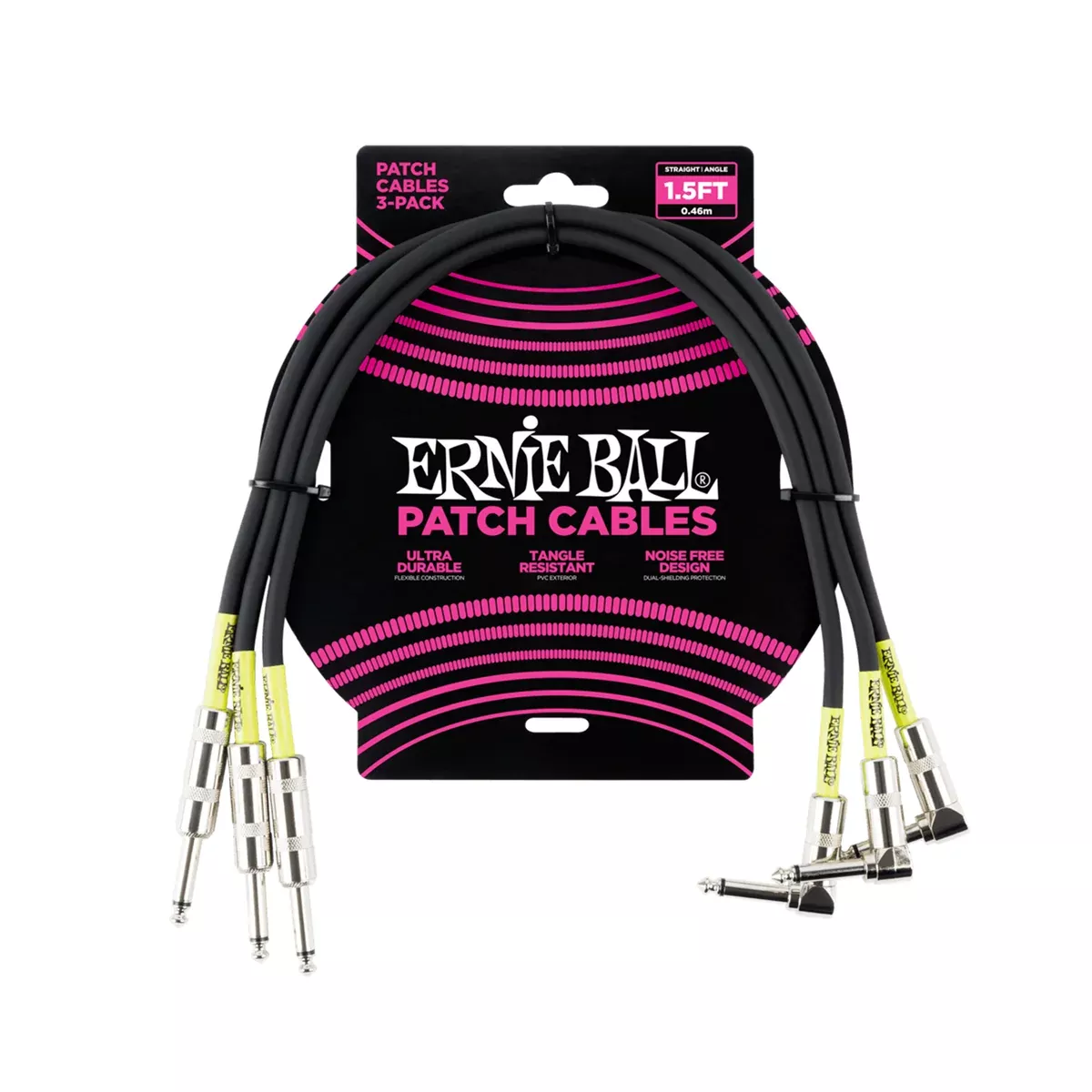 Ernie Ball 1.5ft Straight to Angle Patch Cable, 3-Pack, Black