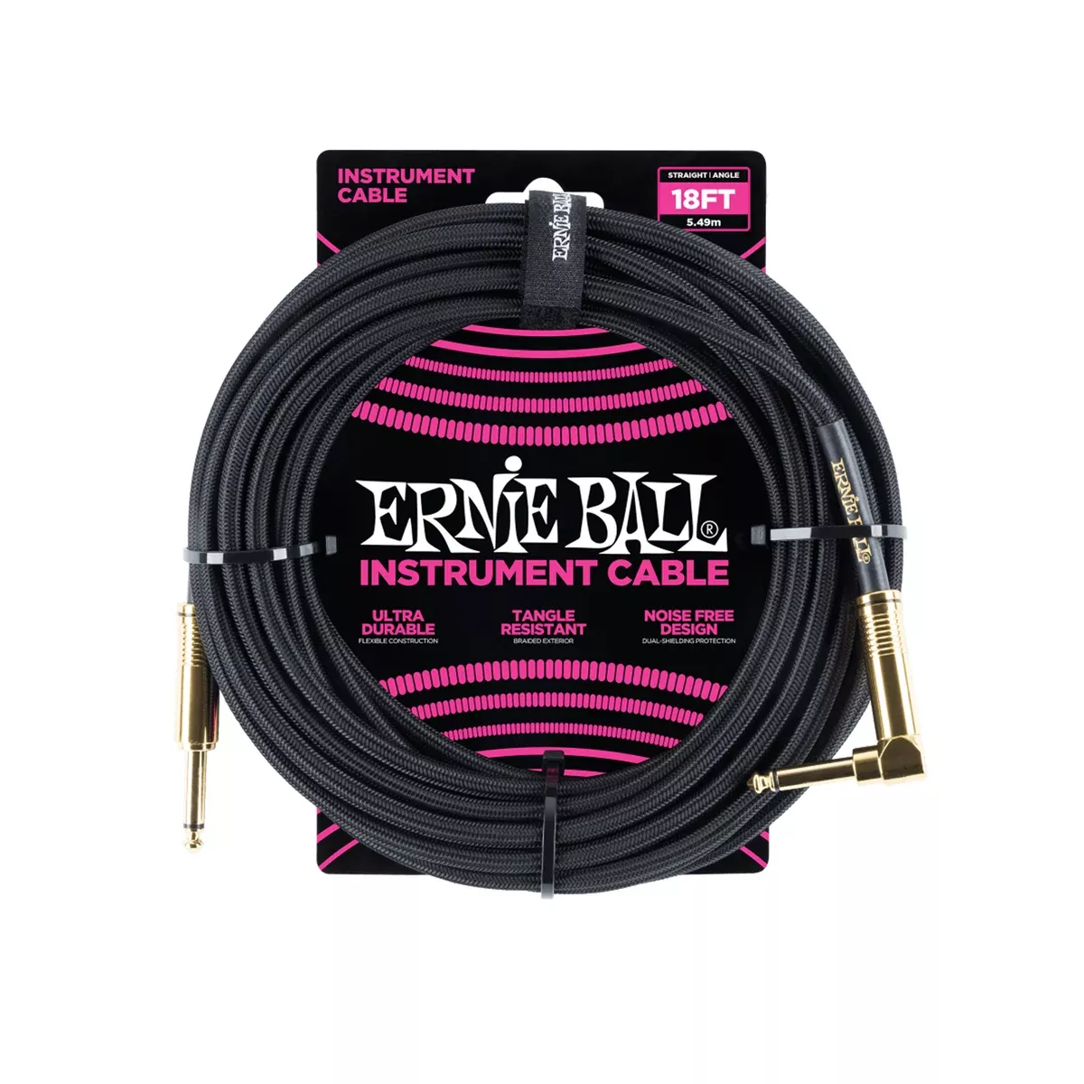 Ernie Ball 18ft Braided Straight to Angle Instrument Cable, Black