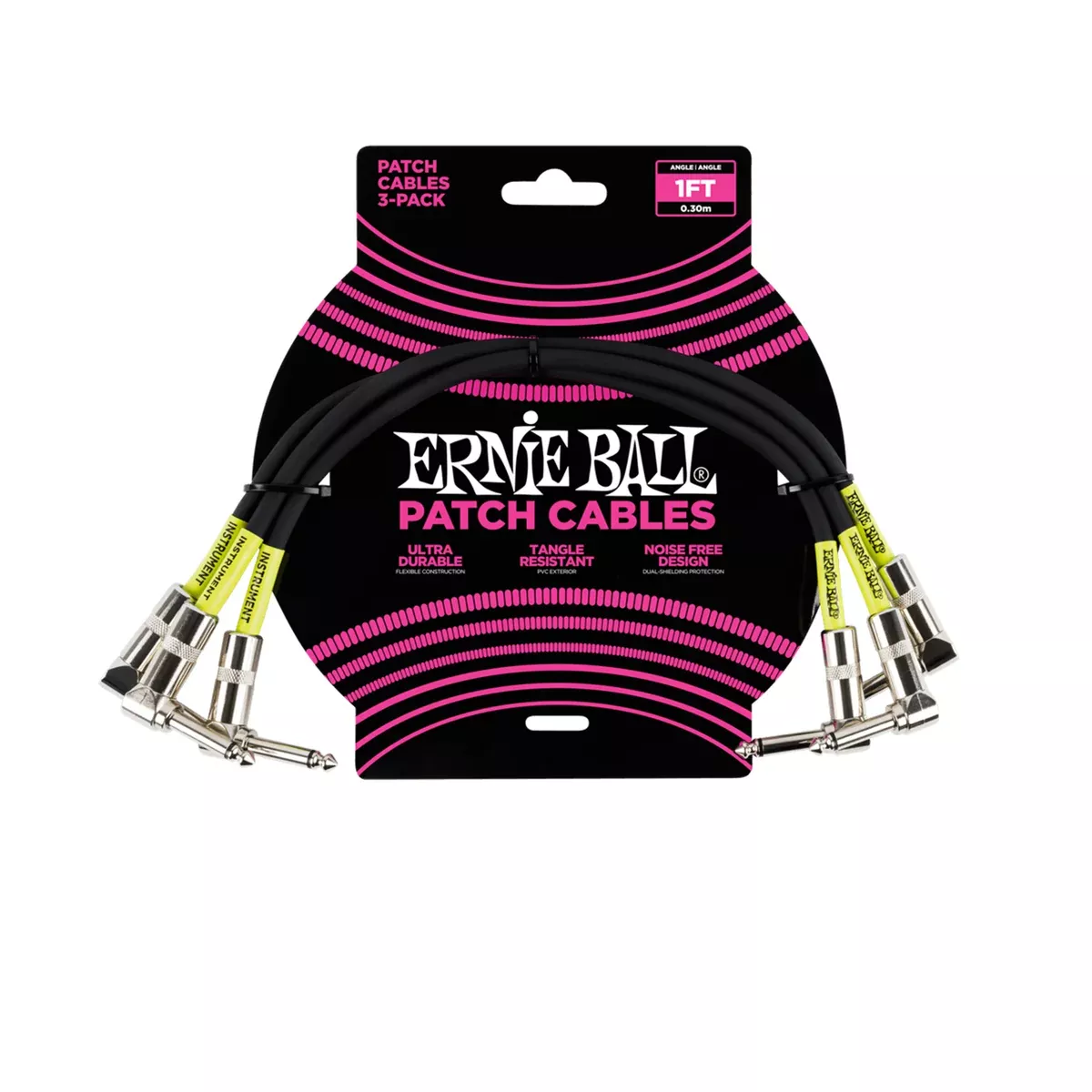 Ernie Ball 1ft Angle to Angle Patch Cable, 3-Pack, Black