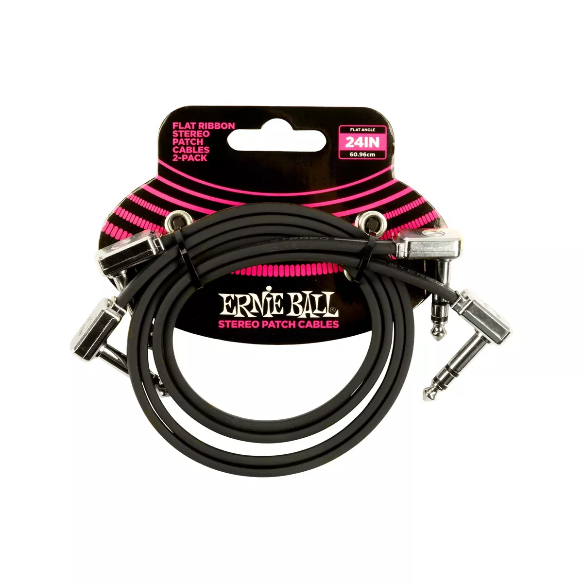 Ernie Ball 24 inch Flat Ribbon Stereo Patch Cable, Black, Pack of 2