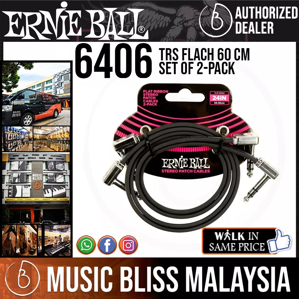 Ernie Ball 6406 24 Inch Flat Ribbon Stereo Right Angle to Right Angle Patch Cable – Black (2-pack)