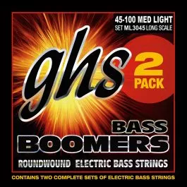 GHS Strings ML3045-2, 4 String Bass Boomers(R), Nickel-Plated Electric Bass Strings, Medium Light, 2 Pack (.045-.100)