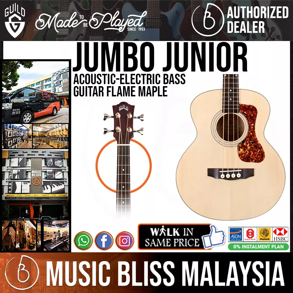 Guild Jumbo Junior Acoustic-Electric Bass Guitar Flame Maple – Solid Spruce Top, Flamed Maple Back & Sides
