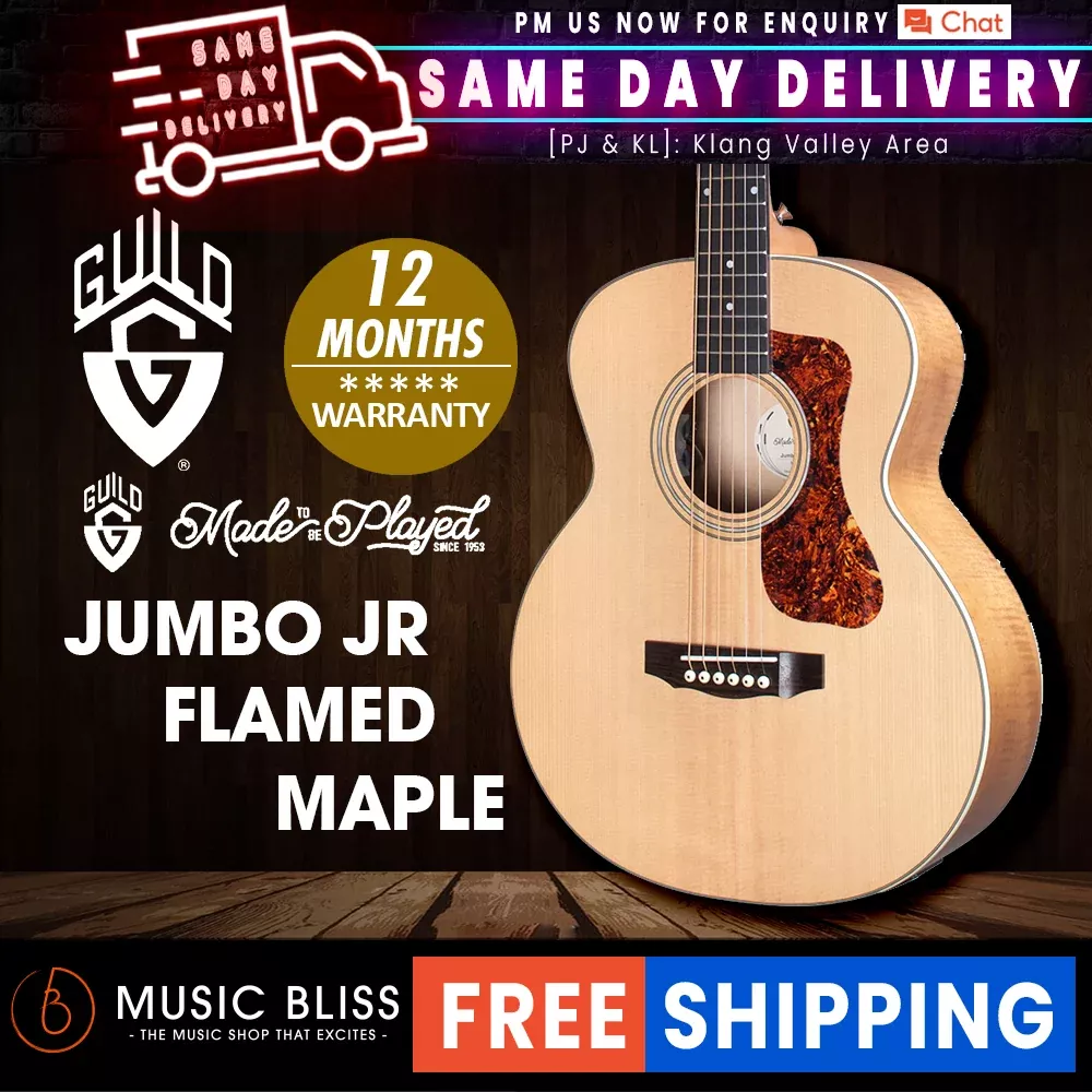 Guild Jumbo Junior Flamed Maple Acoustic-Electric Guitar - Solid Spruce Top, Flamed Maple Back & Sides - Antique Blonde Satin