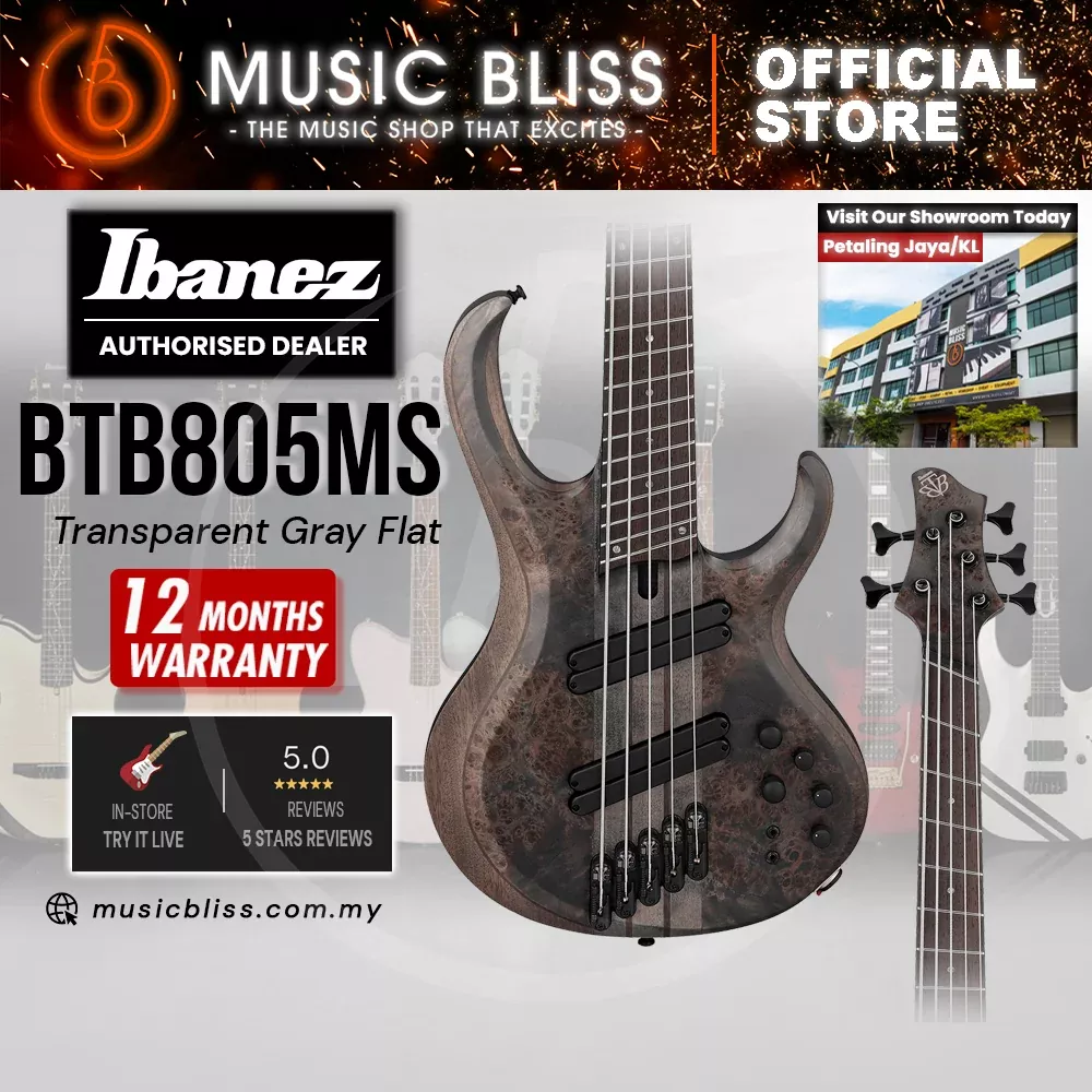Ibanez BTB805MS 5-string Electric Bass Guitar – Transparent Gray Flat