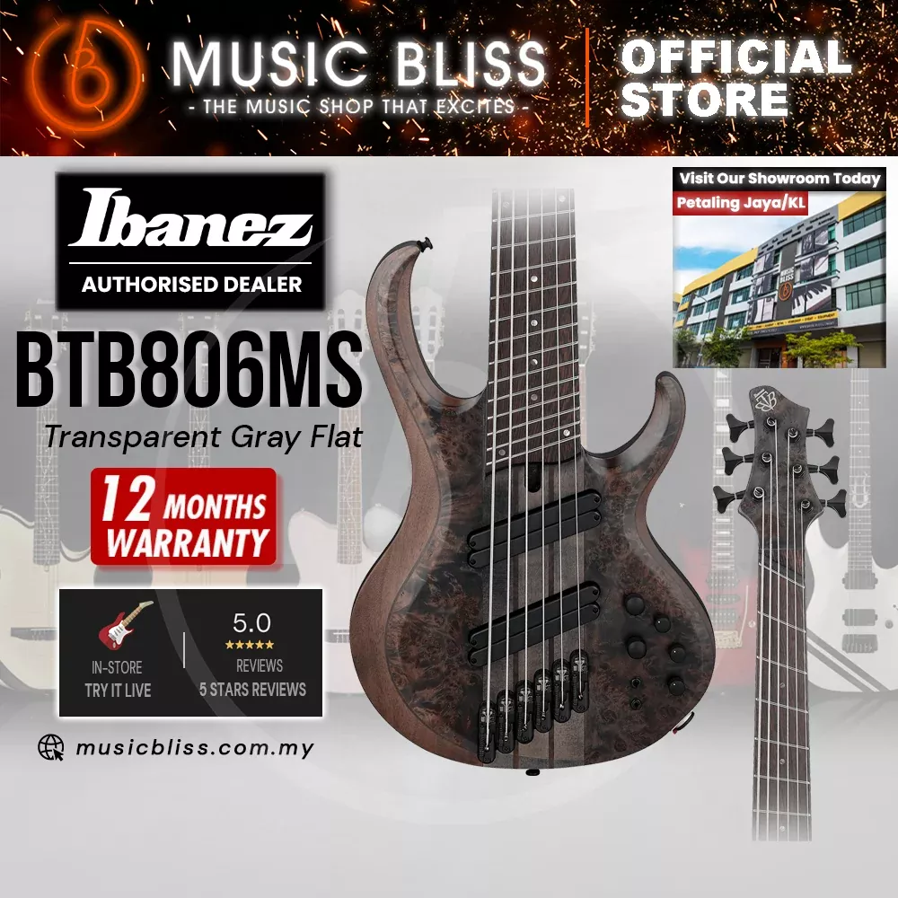 Ibanez BTB806MS 6-string Electric Bass Guitar – Transparent Gray Flat