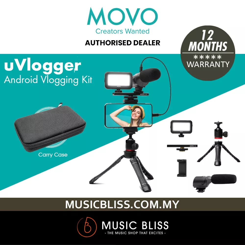 Movo uVlogger- Android/USB-C Compatible Vlogging Kit Phone Video Kit Accessories: Phone Tripod, Phone Mount, LED Light and Cellphone Shotgun Microphone for Phone Video Recording for YouTube, Vlog
