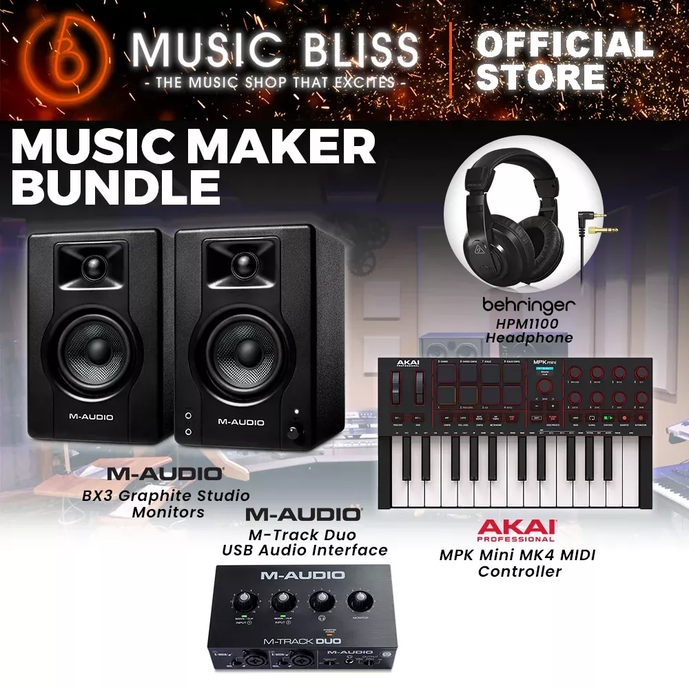 MUSIC MAKER BUNDLE: Akai MPK Mini MK4 Midi Controller, Behringer HPM1100 Headphone, M-Audio BX3 Graphite Studio Monitors, M-Audio M-Track DUO USB Audio Interface