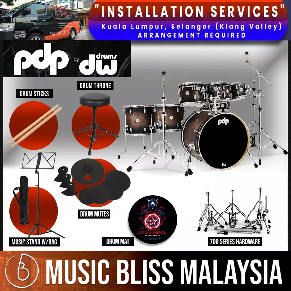 PDP by DW CM7 Concept Maple Shell Pack – 7-piece with Hardware Pack – Satin Charcoal Burst