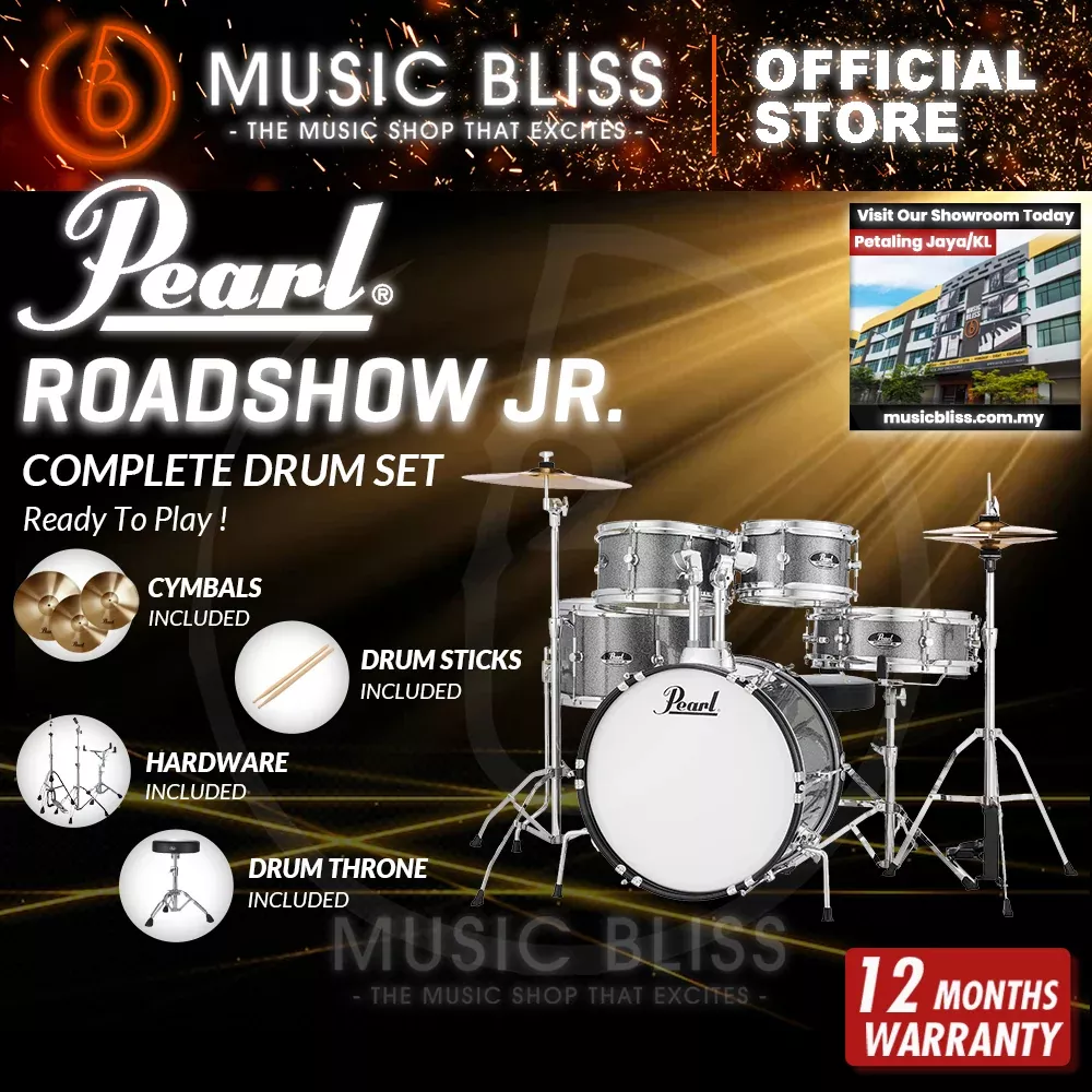 Pearl Roadshow Junior 5-piece Complete Drum Set with Cymbals and Hardware – Grindstone Sparkle