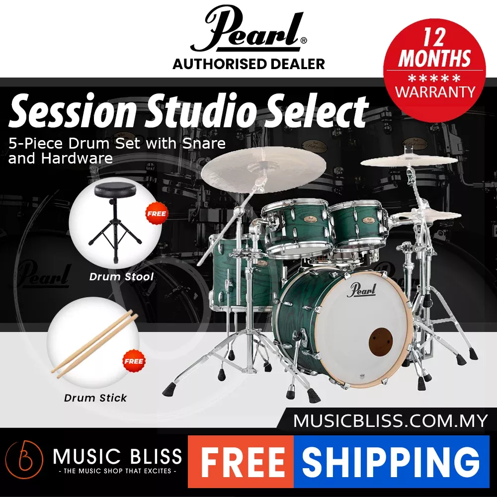 Pearl Session Studio Select 4-Piece Drum Set with Snare and Hardware, Drumstick and Throne – 22 Inch Bass Drum – Antique Crimson Burst