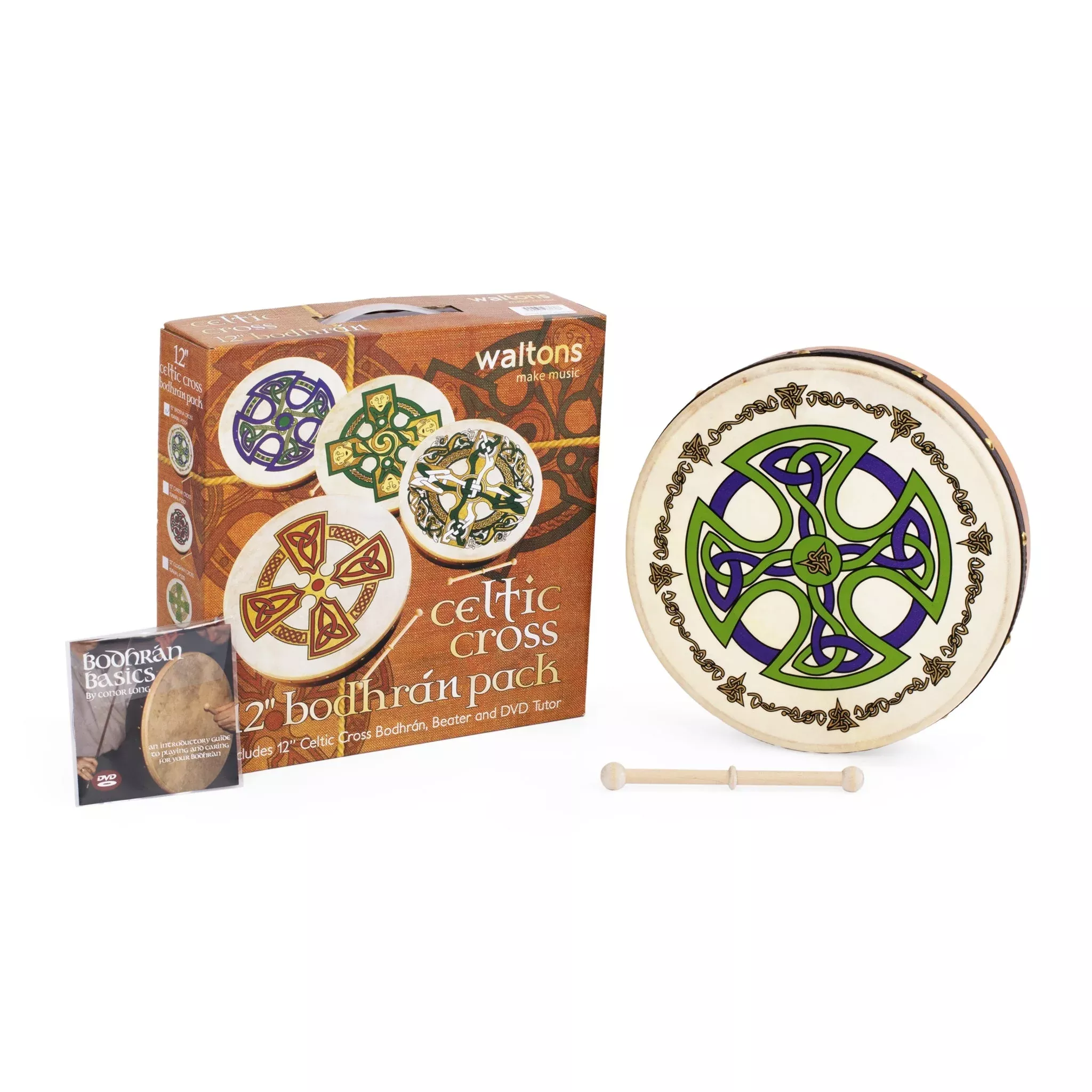 Percussion Plus bodhran 12″ Brosna Cross with tipper and DVD (PP1135)