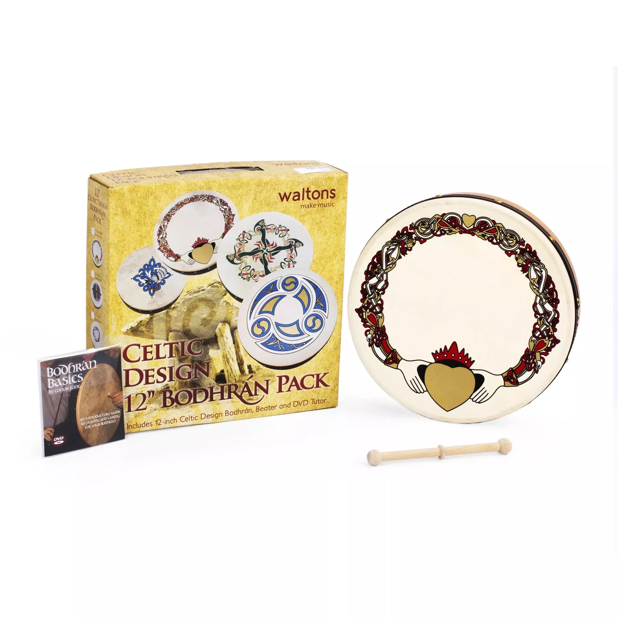Percussion Plus bodhran 12″ Claddagh with tipper and DVD (PP1132)
