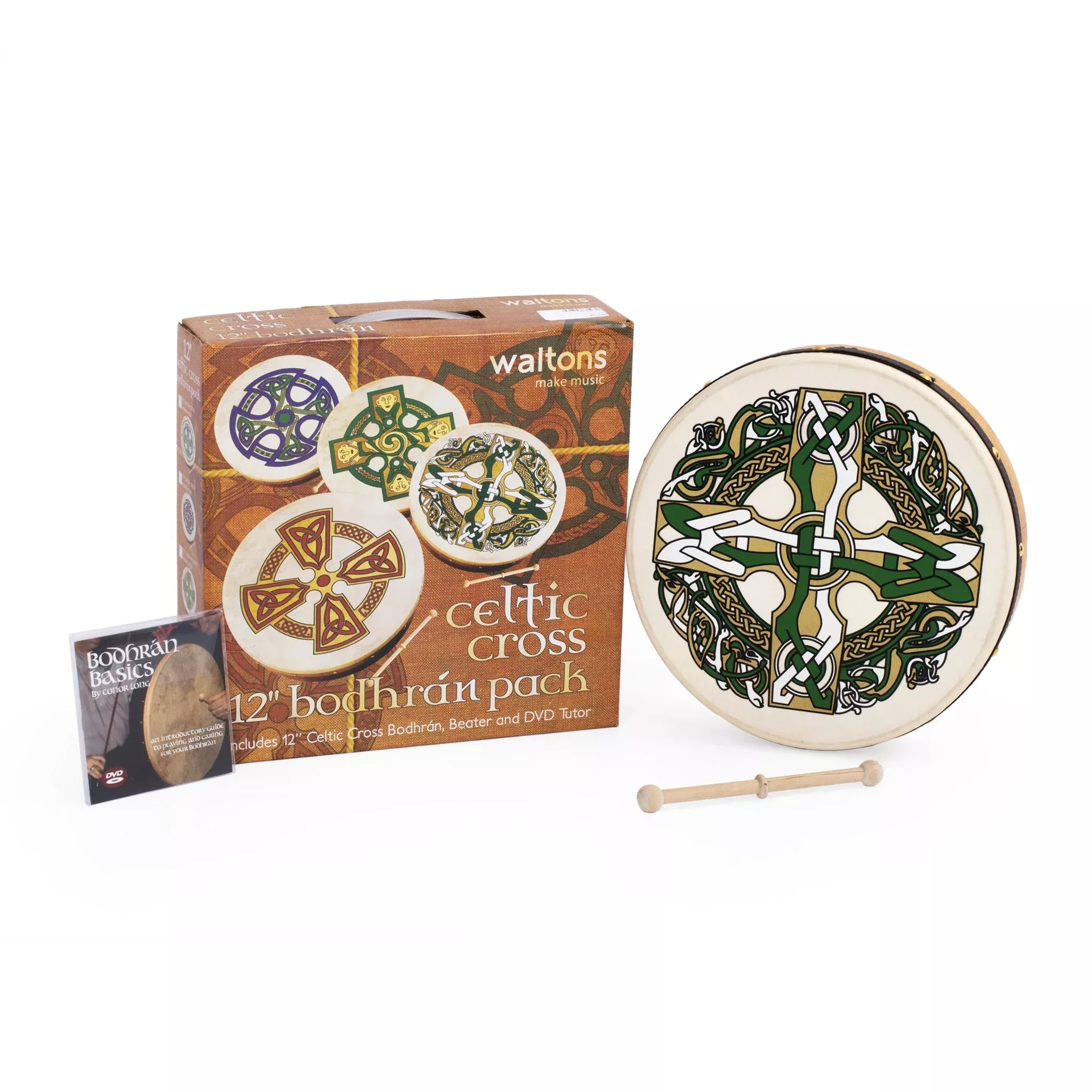 Percussion Plus bodhran 12″ Gaelic Cross with tipper and DVD (PP1134)